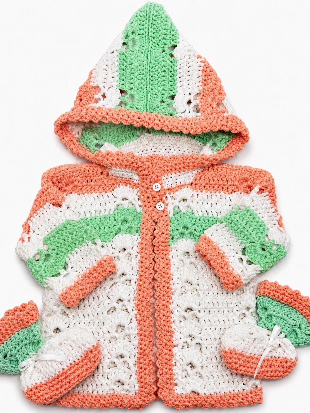 Handmade Crochet Baby Sweater Booties Set Peach Mint 3-6M Hooded